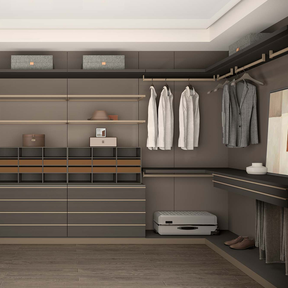 Bedroom Built-In Modern Style Wardrobe Layered Open Shelf Drawer Garment Rack Clothing Closet Storage Organizer Wardrobe Closet