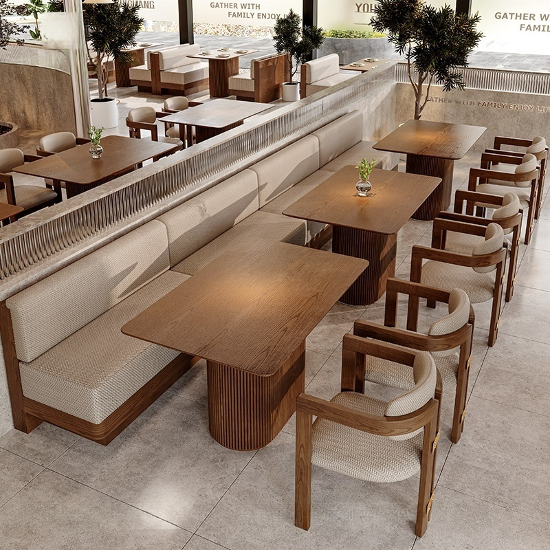 Nordic Cafe Furniture Solid Wood Durable Rattan Dining Table Set Fast Food Chair Western Banquette Restaurant Booth Seating Sofa