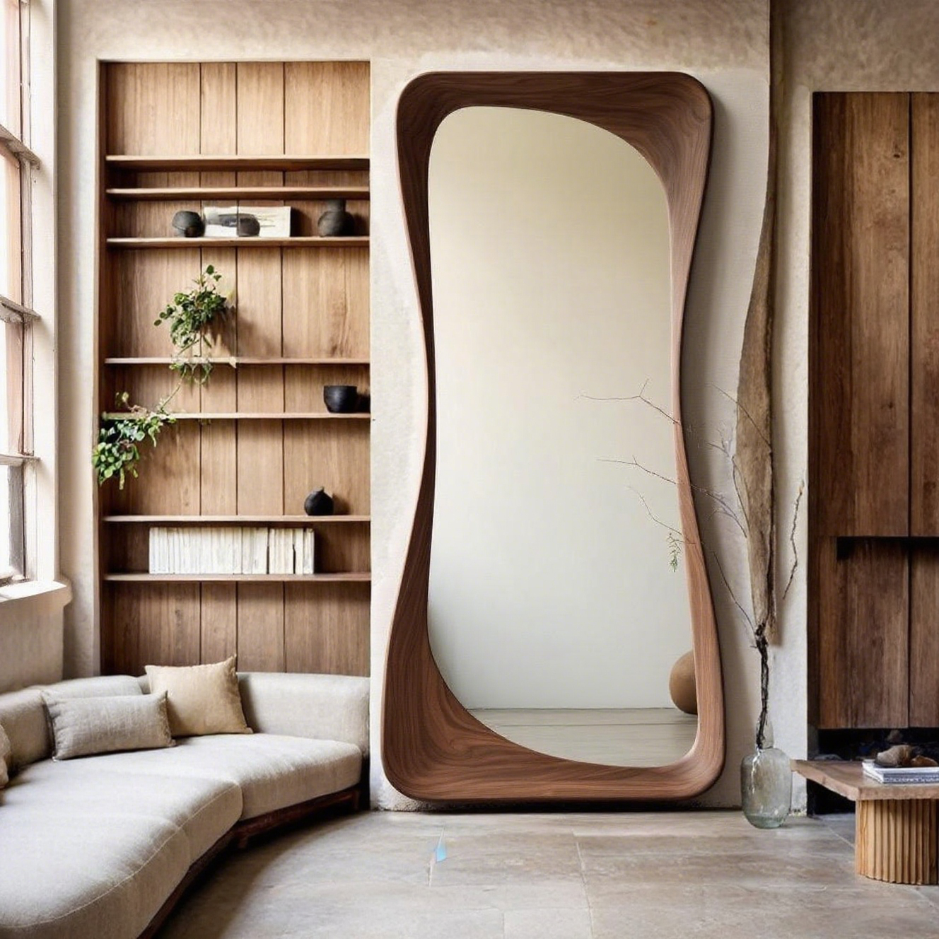 Irregular Shaped Full Length Mirror With Curved Walnut Wood Frame Organic Body Mirror Modern Japandi Living Room Factory Direct