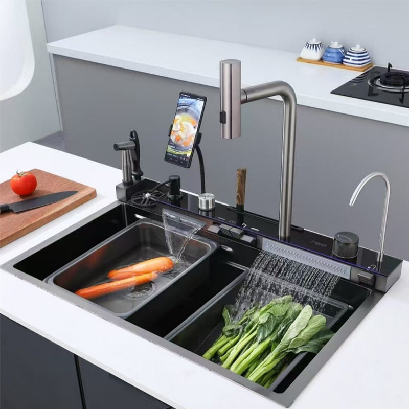Smart Modern Single Kitchen Sink Nano Stainless Steel Multifunctional Rain Fly Waterfall Black Smart Sink With Phone Holder
