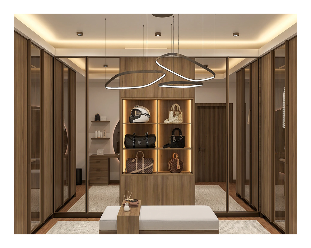 Modern Walnut Wood Walk-in Closet System Glass Door LED Lighting Bedroom Wardrobe