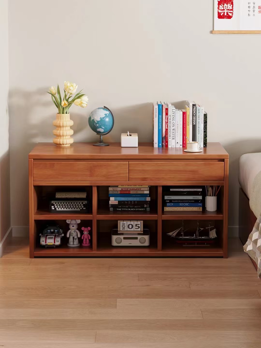 Solid Wood 2-Drawer &amp; 6-Cubby Storage Cabinet Mid-Century Modern Console Table for Living Room &amp; Bedroom Eco-Friendly
