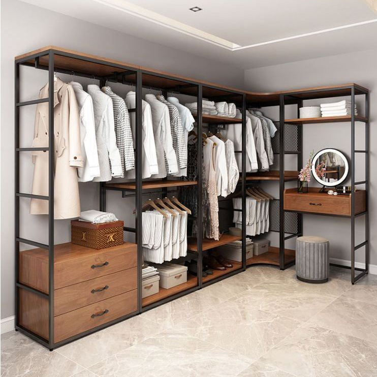 Simple Wardrobe Bedroom Modern Combination Rental House Open Cloakroom Floor Hanger Storage Cabinet Made China No Assembly