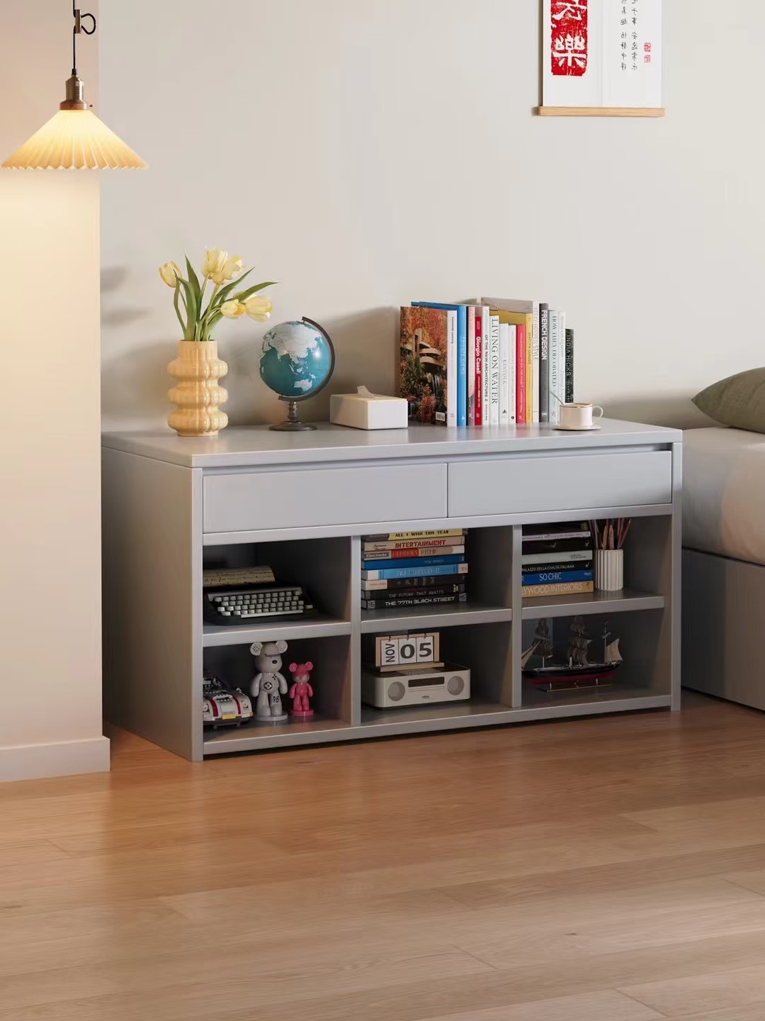 Solid Wood 2-Drawer &amp; 6-Cubby Storage Cabinet Mid-Century Modern Console Table for Living Room &amp; Bedroom Eco-Friendly