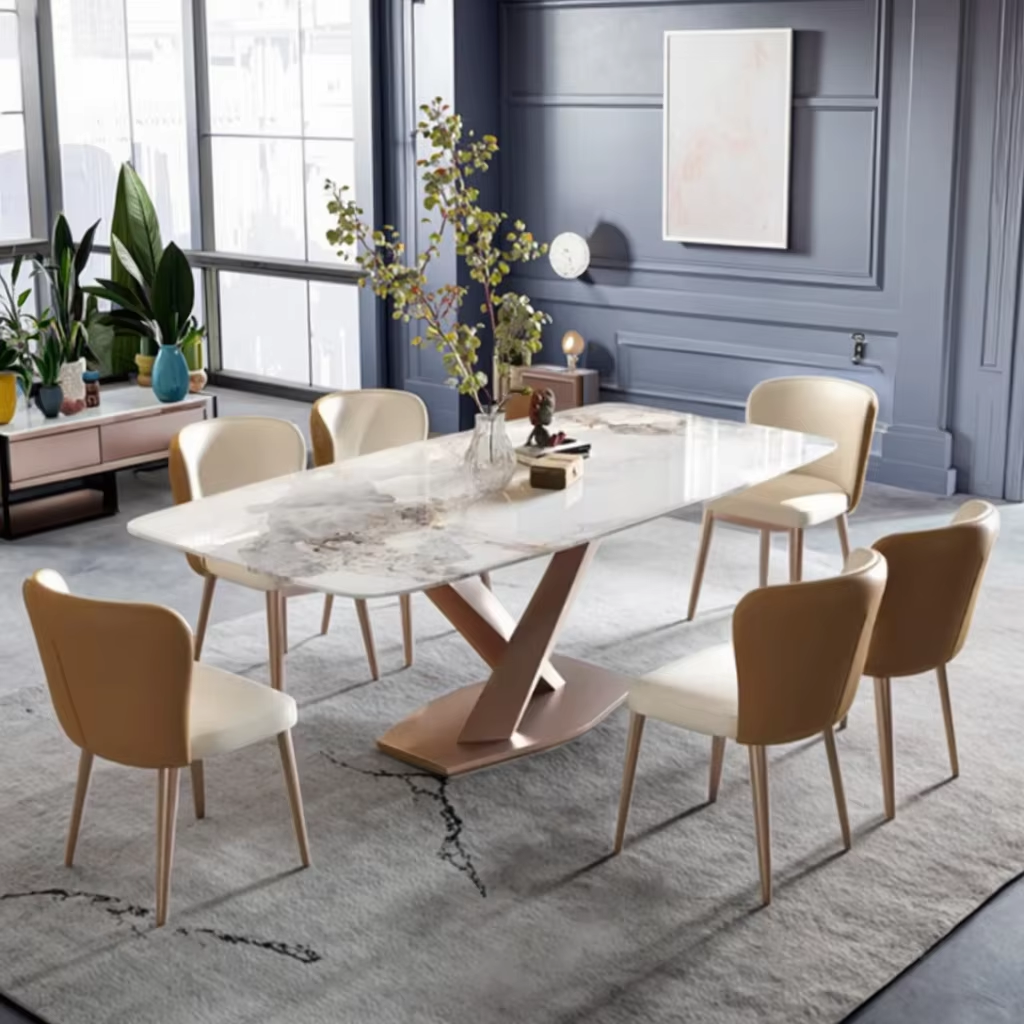 White Luxury Marble Dining Table Set 6 Chairs Sintered Stone Top With Gold Stainless Steel Base For Dining Room Furniture