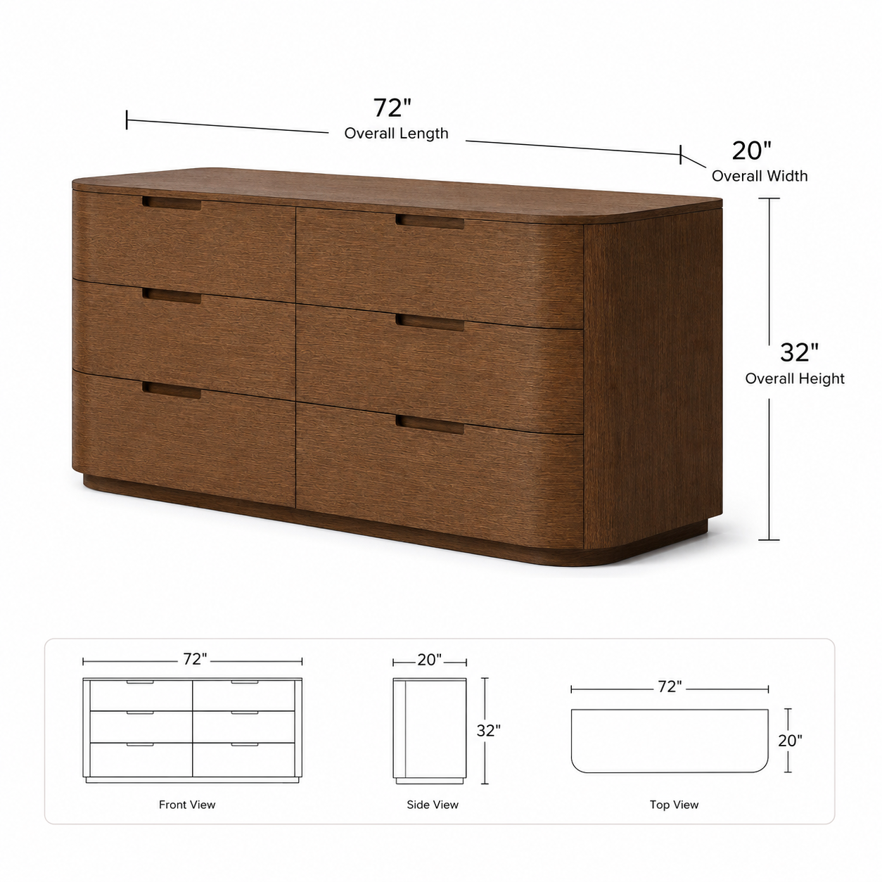Modern Luxury Curved Walnut Dresser 6-Drawer Chest of Drawers with Recessed Handles for Master Bedroom Villa Project