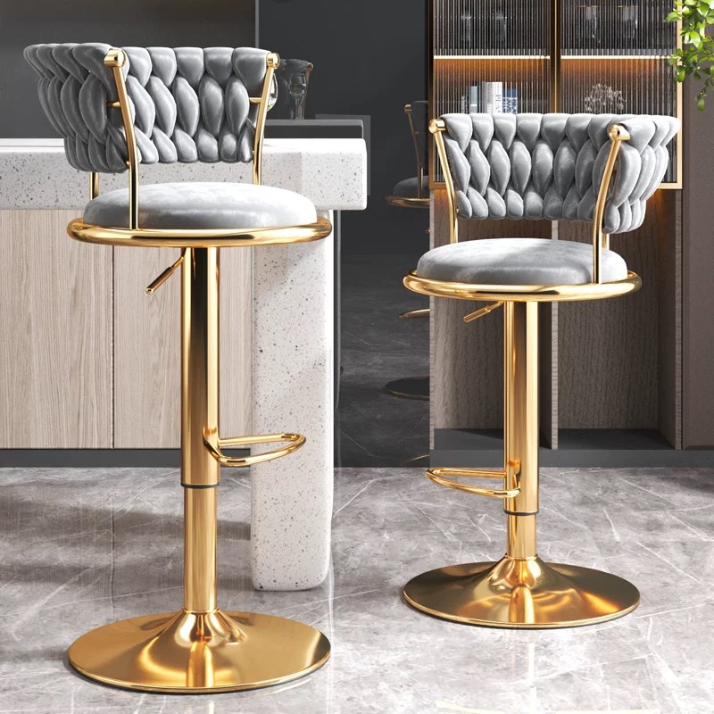 Modern Luxury Kitchen Island Counter Furniture Metal Velvet Swivel High Gold Metal Bar Stools