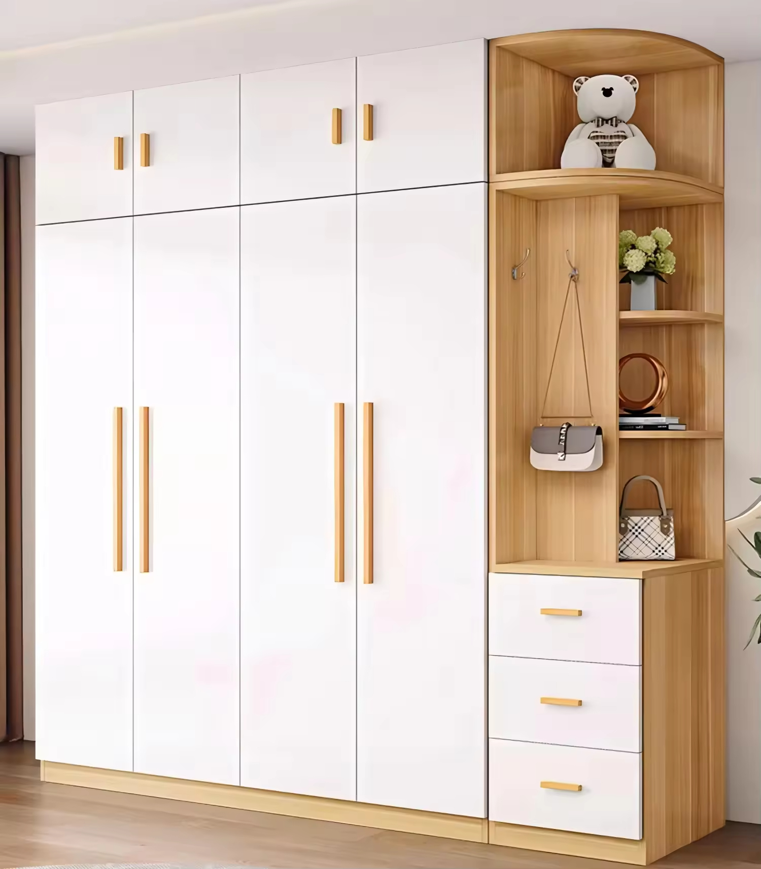 Modern Wooden Wardrobe for Bedroom &amp; Living Room-Extendable Rail Eco-Friendly Adjustable Shelves Freestanding Clothes Organizer