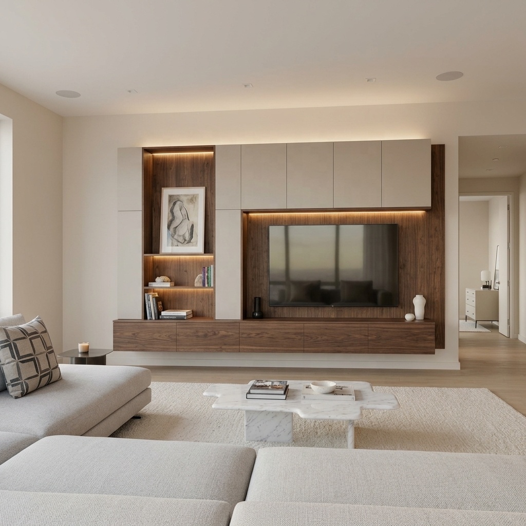 Luxury Floating TV Stand - Walnut Wood Finish With Integrated LED &amp; Modular Minimalist Style