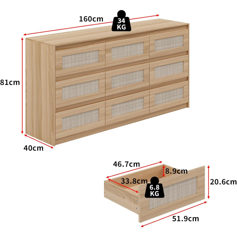 Rattan Sideboard 9 Tiers Wooden Cabinet Router Storage Chest Drawer TV Stand Storage Shelf Living Room With Door