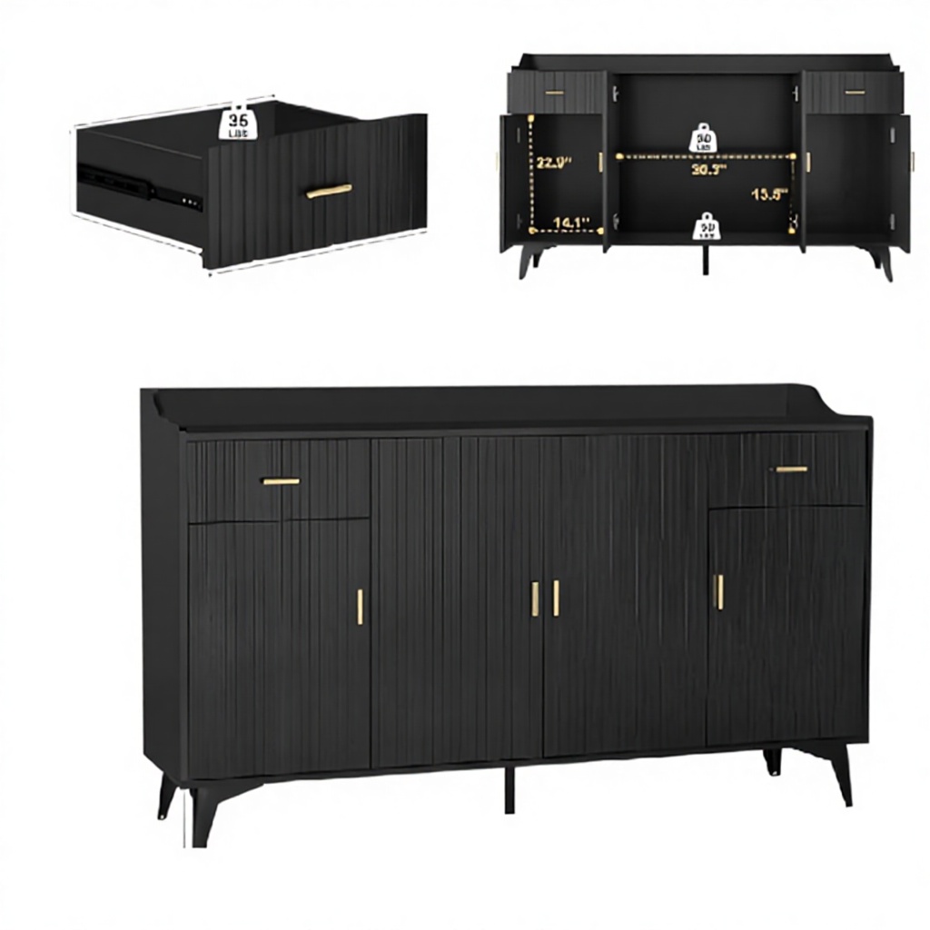 Modern 160cm Sideboard Buffet Cabinet with Drawers White Solid Color Vacuum Coated Dining Room Furniture Storage Cupboard