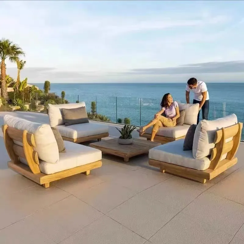 Modern Waterproof Teak Wood Outdoor Furniture Living Room Balcony Garden Patio Hotel Sectional Sofa with Cushions