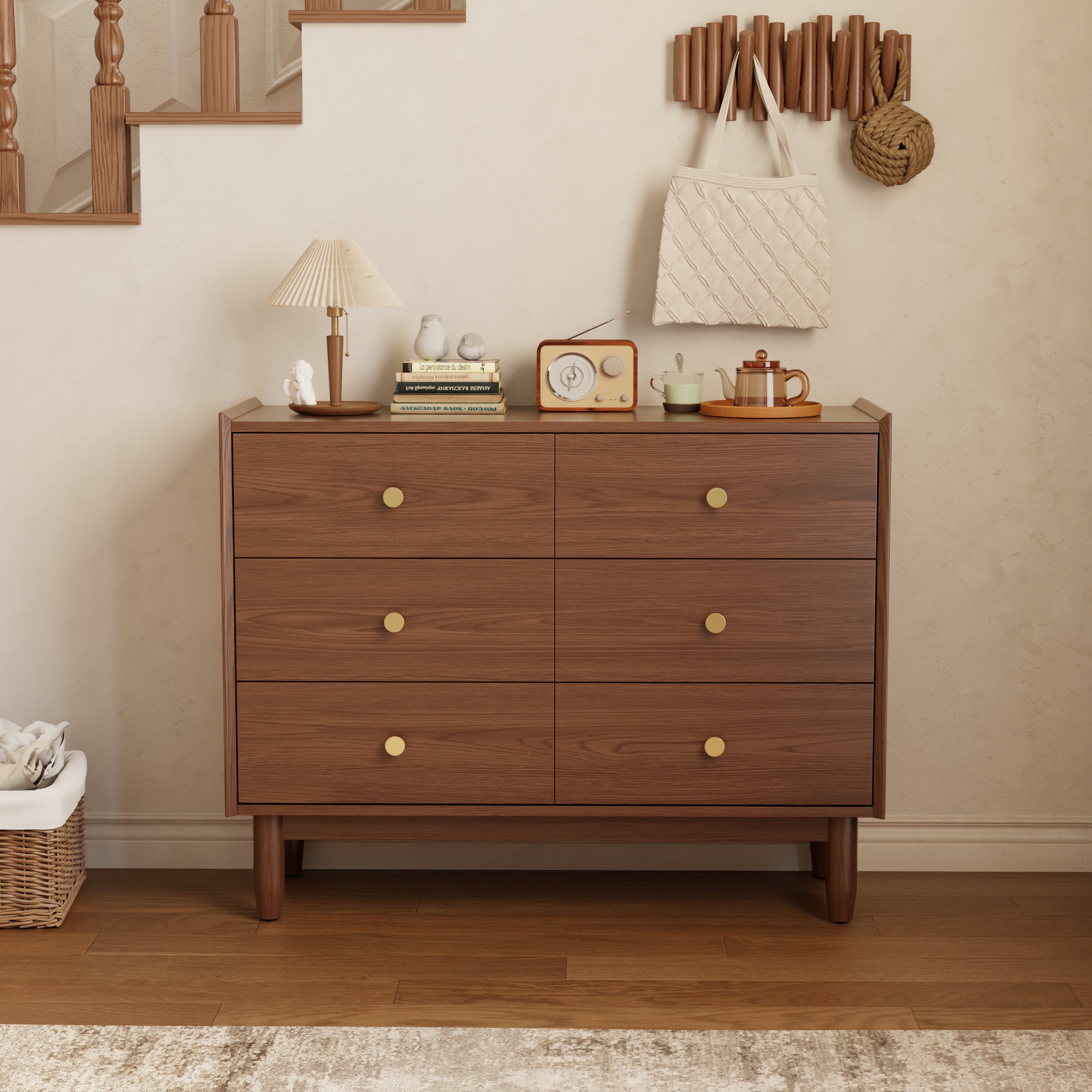 US Stock 6-Drawer Wood Dresser with Brushed Finish Large Storage Cabinet Bedroom Closet &amp; Kitchen Living Room Furniture DG026