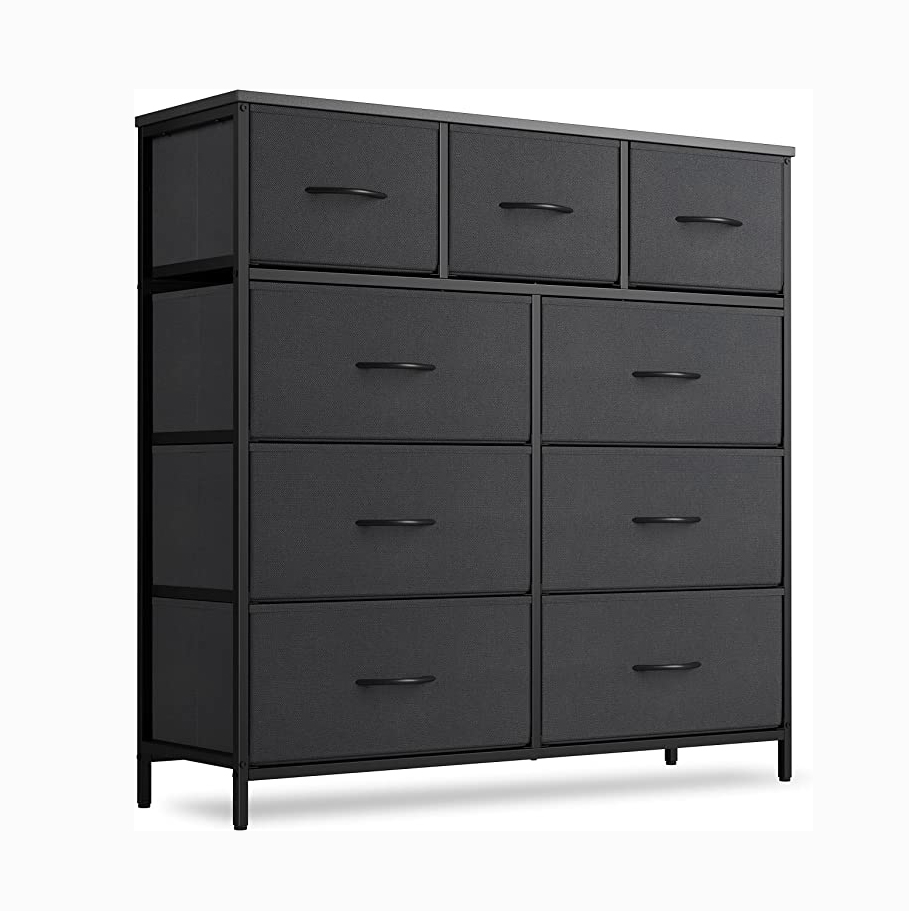 Premium 9 Drawer Fabric Dresser Storage Chest with Wood Top Heavy Duty Metal Frame Drawer Unit for Bedroom Closet Organization