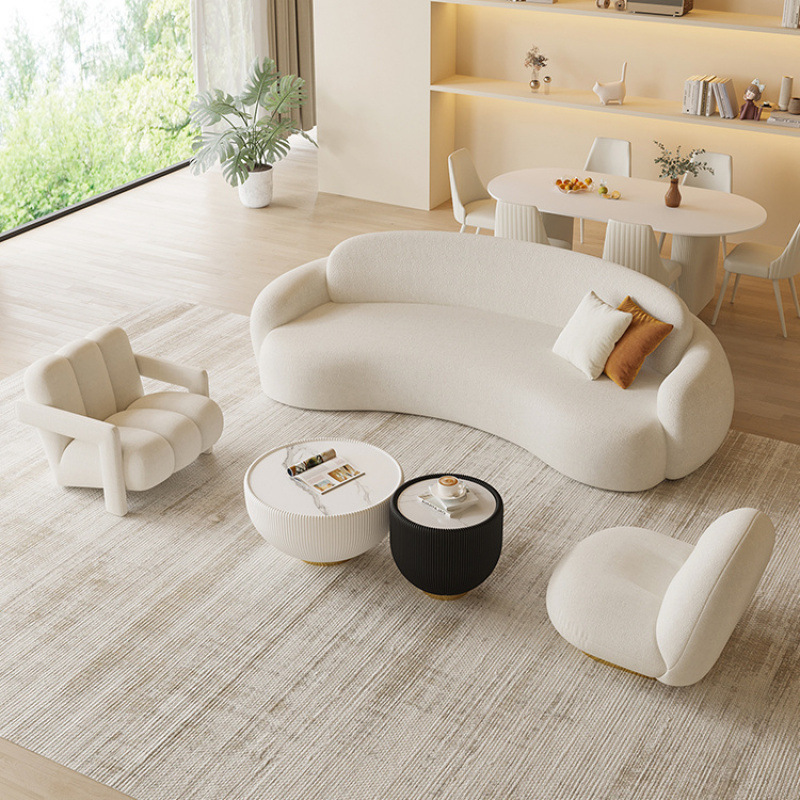 Elegant Cream Hued Cloth Arc Shaped Durable Sectional Sofa Minimalist Design Trending On Social Media For Modern Living Room