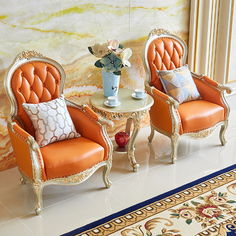 European &amp; American Style Genuine Leather Solid Wood High Back Carved Sponge Filled One Seat Sofa Armchair for Bedroom Study