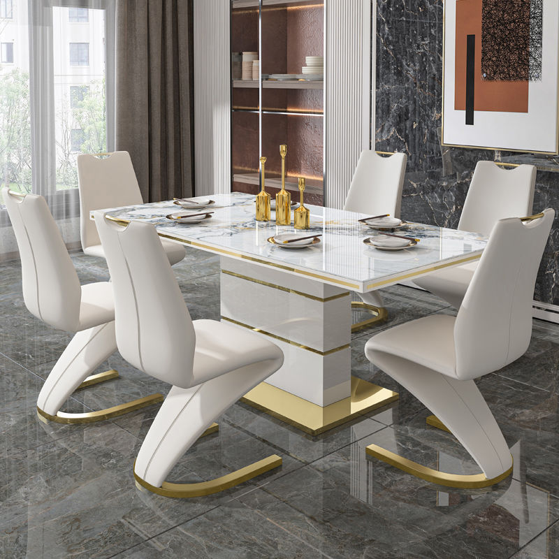 White Luxury Marble Dining Table Set 6 Chairs Sintered Stone Top With Gold Stainless Steel Base For Dining Room Furniture