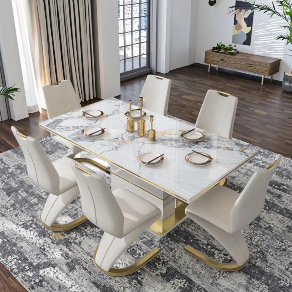 White Luxury Marble Dining Table Set 6 Chairs Sintered Stone Top With Gold Stainless Steel Base For Dining Room Furniture