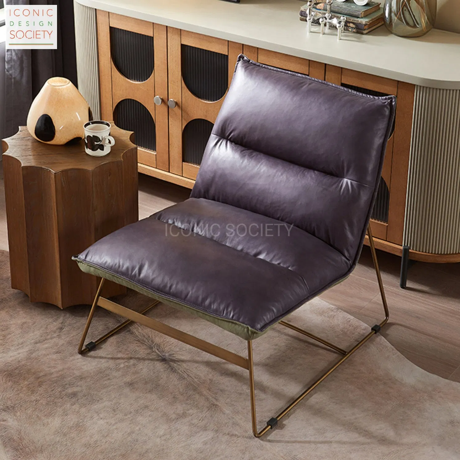 Modern Large Seat Leisure Chair Ottoman Home Patio Living Room Furniture Metal Frame Genuine Leather Accent Chair