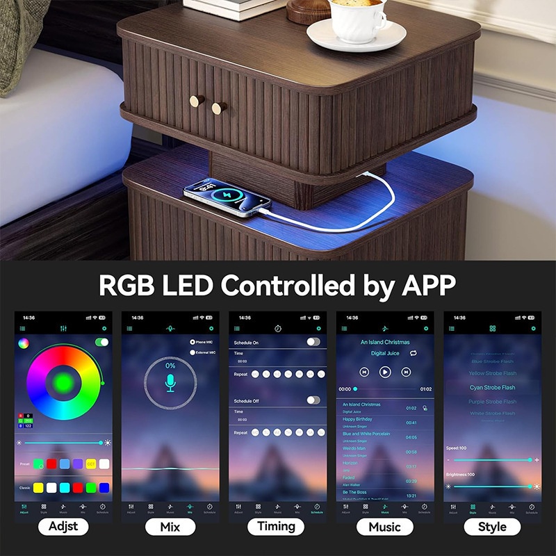 Modern American Style Stone Pattern Bedroom Bedside Cabinet Chain Doors Integrated LED Light Power Outlet Double-Layer Storage