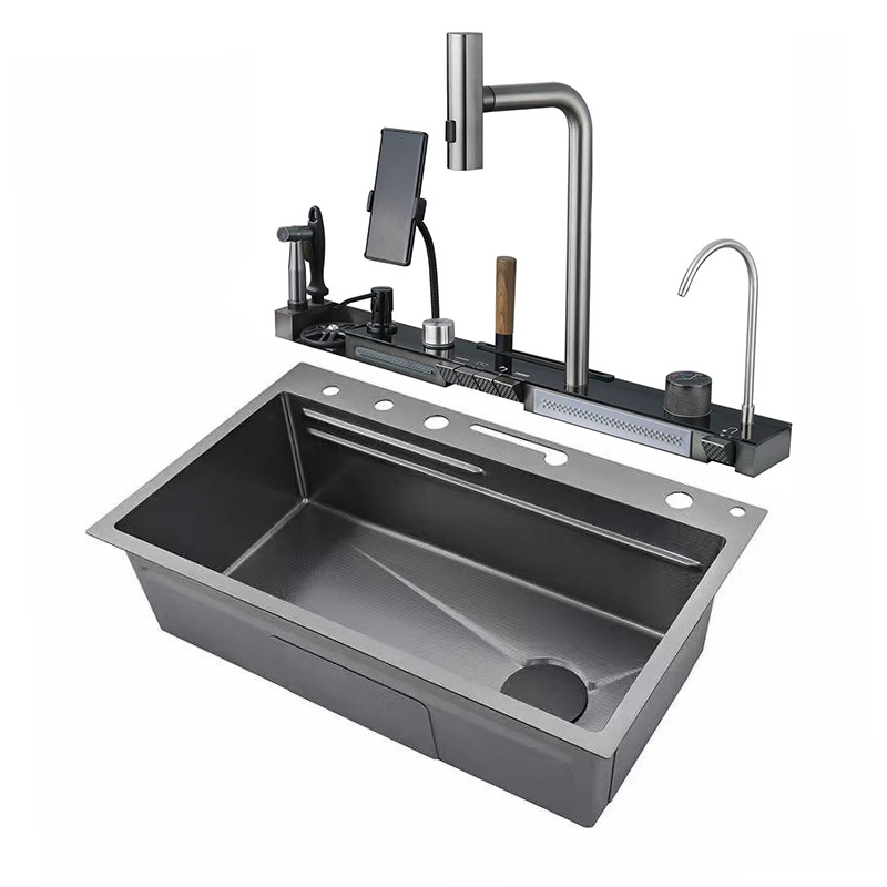 Smart Modern Single Kitchen Sink Nano Stainless Steel Multifunctional Rain Fly Waterfall Black Smart Sink With Phone Holder