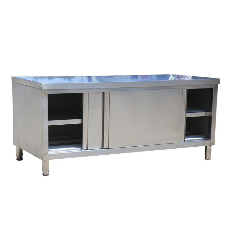 Multi-functional Stainless Steel Sliding Door Worktable With Cabinet &amp; 2 Tier Shelf Fish Cleaning Table With Sink For Kitchen