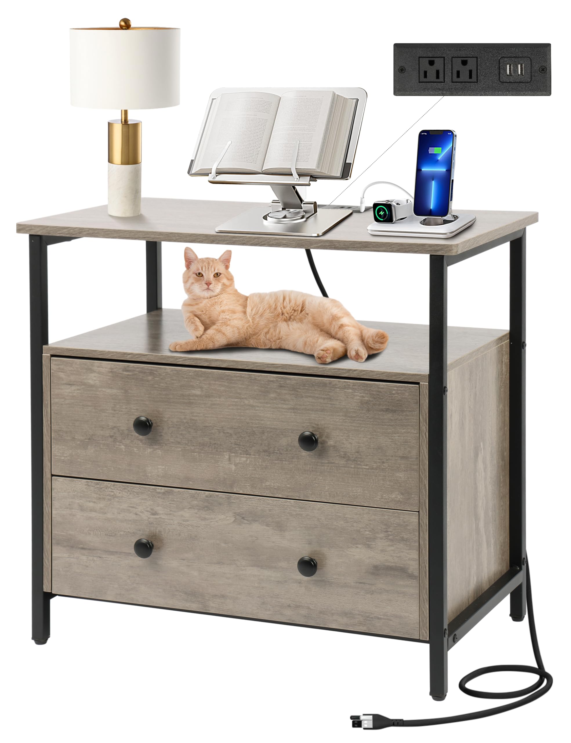 27 Inch Wide Nightstand with Charging Station Bedside Table with Open Shelf 2 Drawers Small Wood Dresser