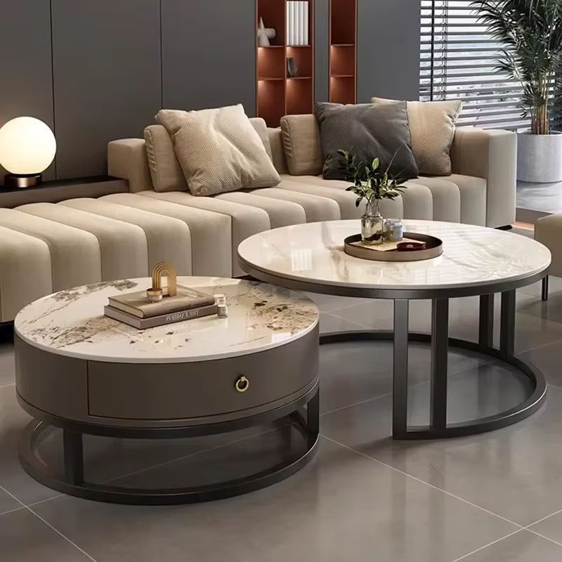 High-end Modern Round Stone Top Stainless Steel Coffee Table with Storage and Extendable Feature for Living Room Furniture