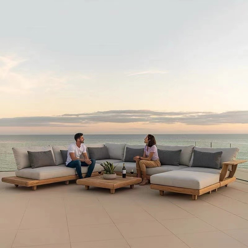Tg Modern Waterproof Teak Wood Outdoor Furniture Living Room Balcony Garden Patio Hotel Sectional Sofa with Cushions