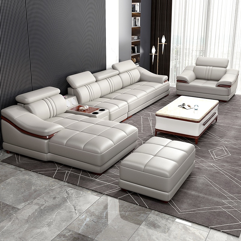 Genuine Leather Sectional Sofa Set Modular Design Sponge Filled Modern High End Living Room Complete Set