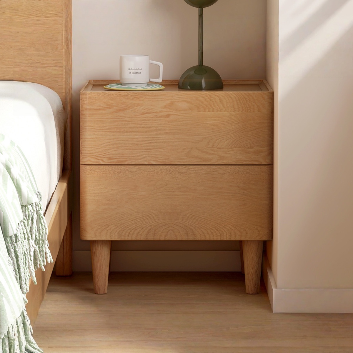 Luxury Solid Oak Night Stand With 2 Drawers Modern Design For Bedroom Living Room &amp; Hotel Use