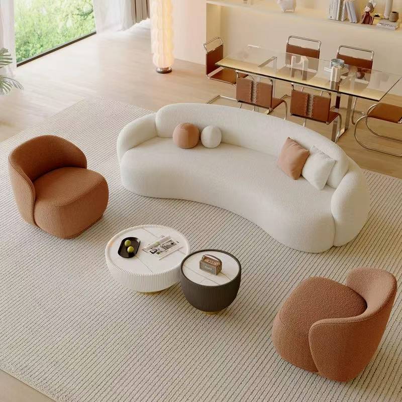 Elegant Cream Hued Cloth Arc Shaped Durable Sectional Sofa Minimalist Design Trending On Social Media For Modern Living Room