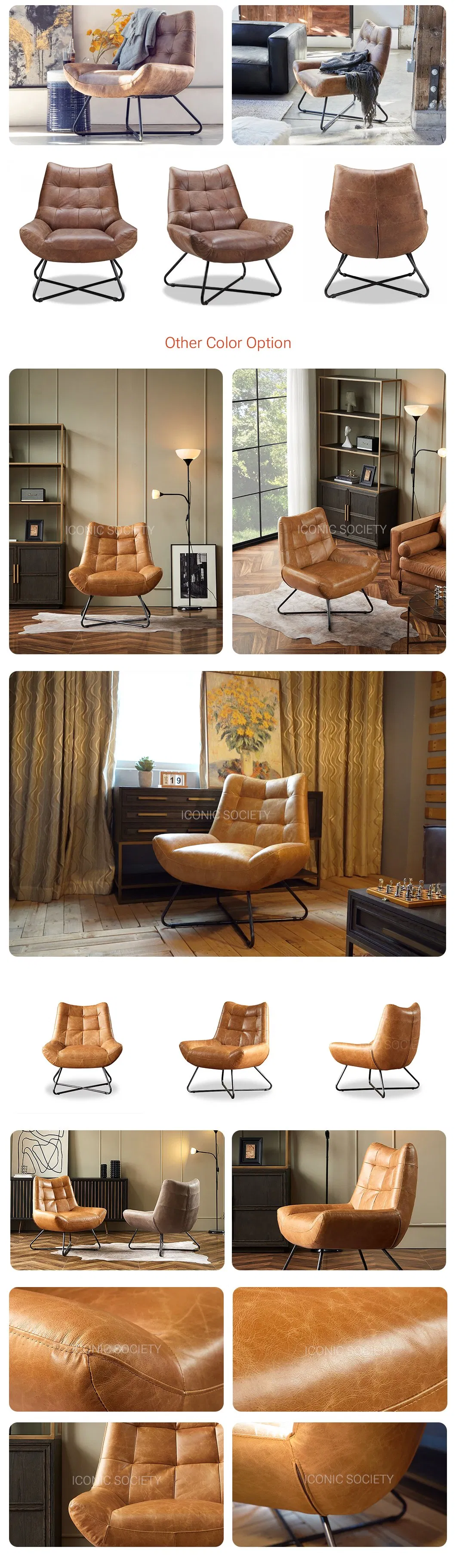 Modern Industrial Hotel Office Living Room Furniture Leisure Metal Steel Lounge Real Leather Accent Arm Chair