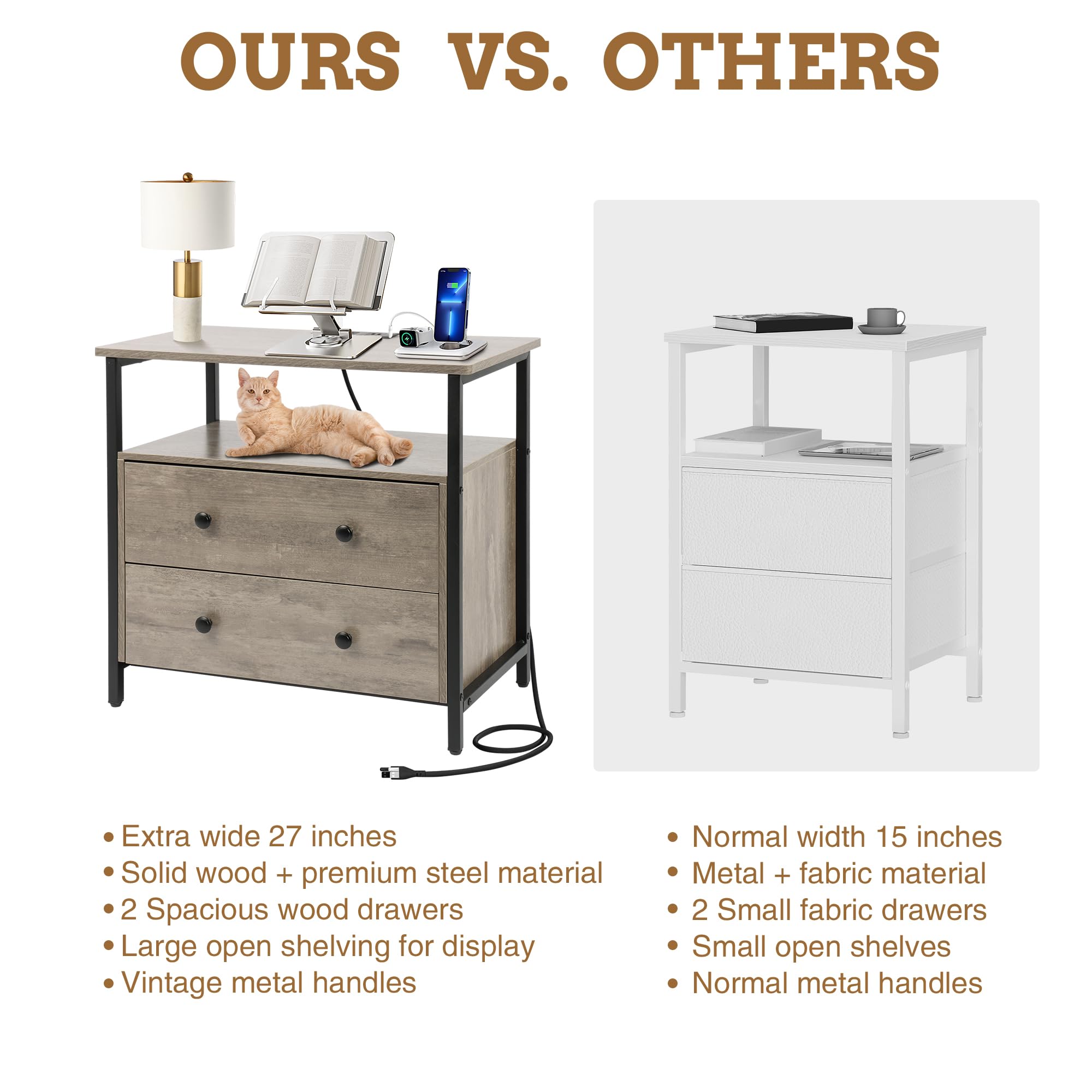 27 Inch Wide Nightstand with Charging Station Bedside Table with Open Shelf 2 Drawers Small Wood Dresser