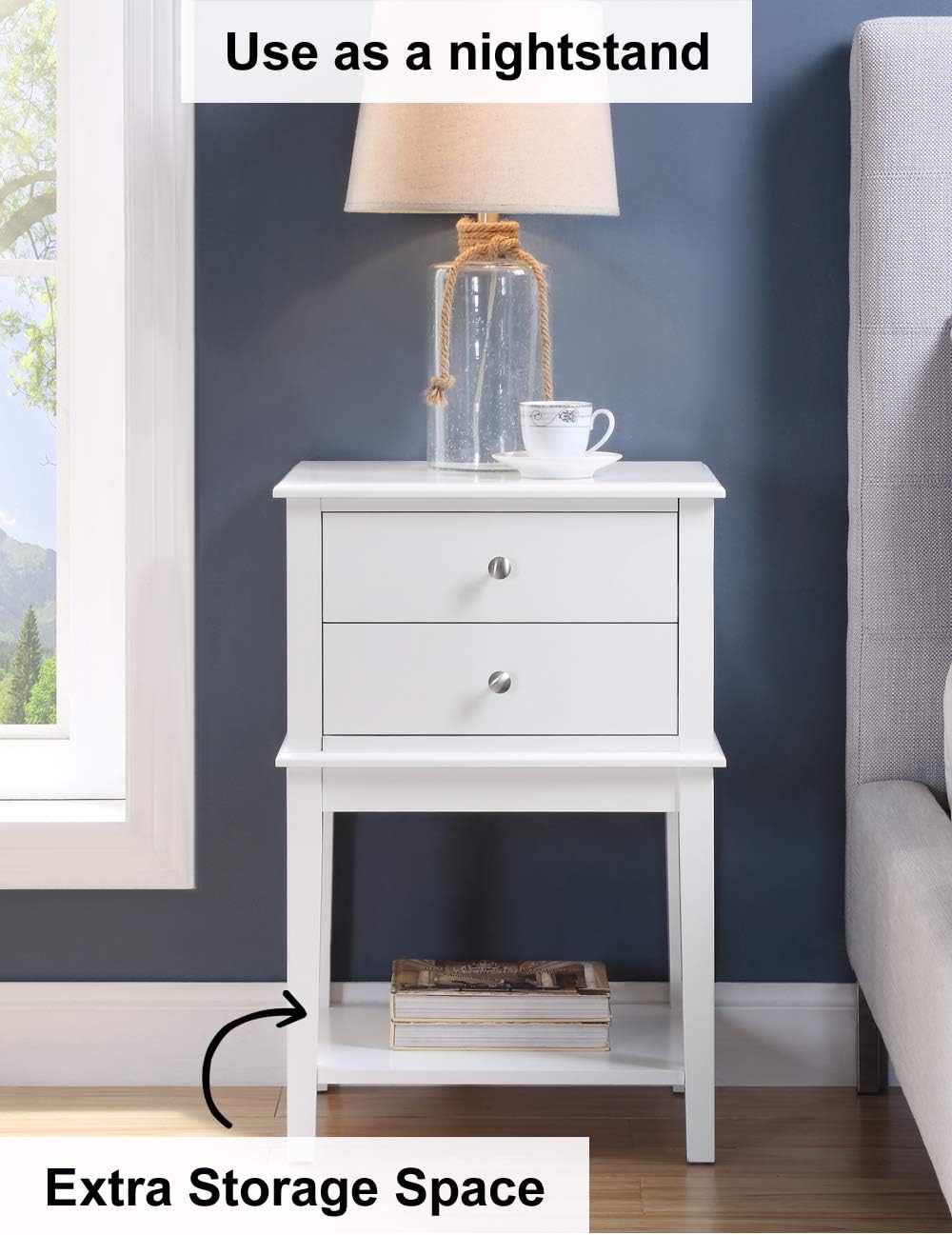 Modern Large White Nightstand with 2 Drawers Bed Side Tables for Bedroom Dining Room Wooden End Table for Living Room