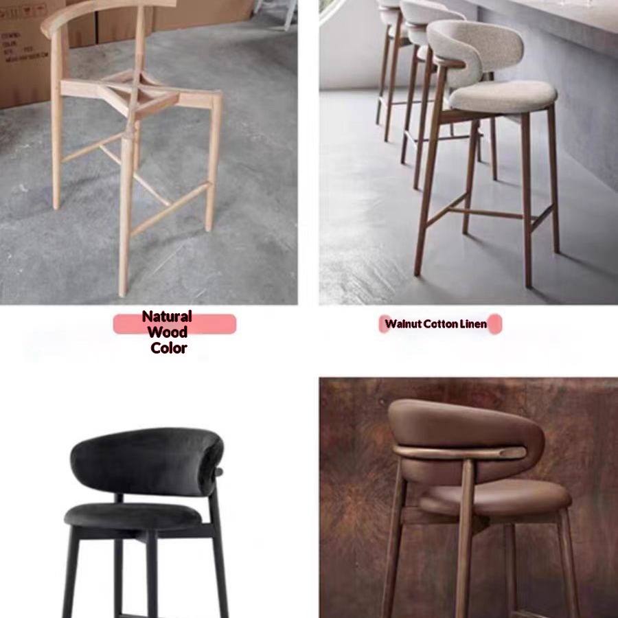 Modern Solid Wood Bar Stool Nordic Italian Style Kitchen Chair Small Dining Chair Backrest Hotel Restaurant Casual High Stool