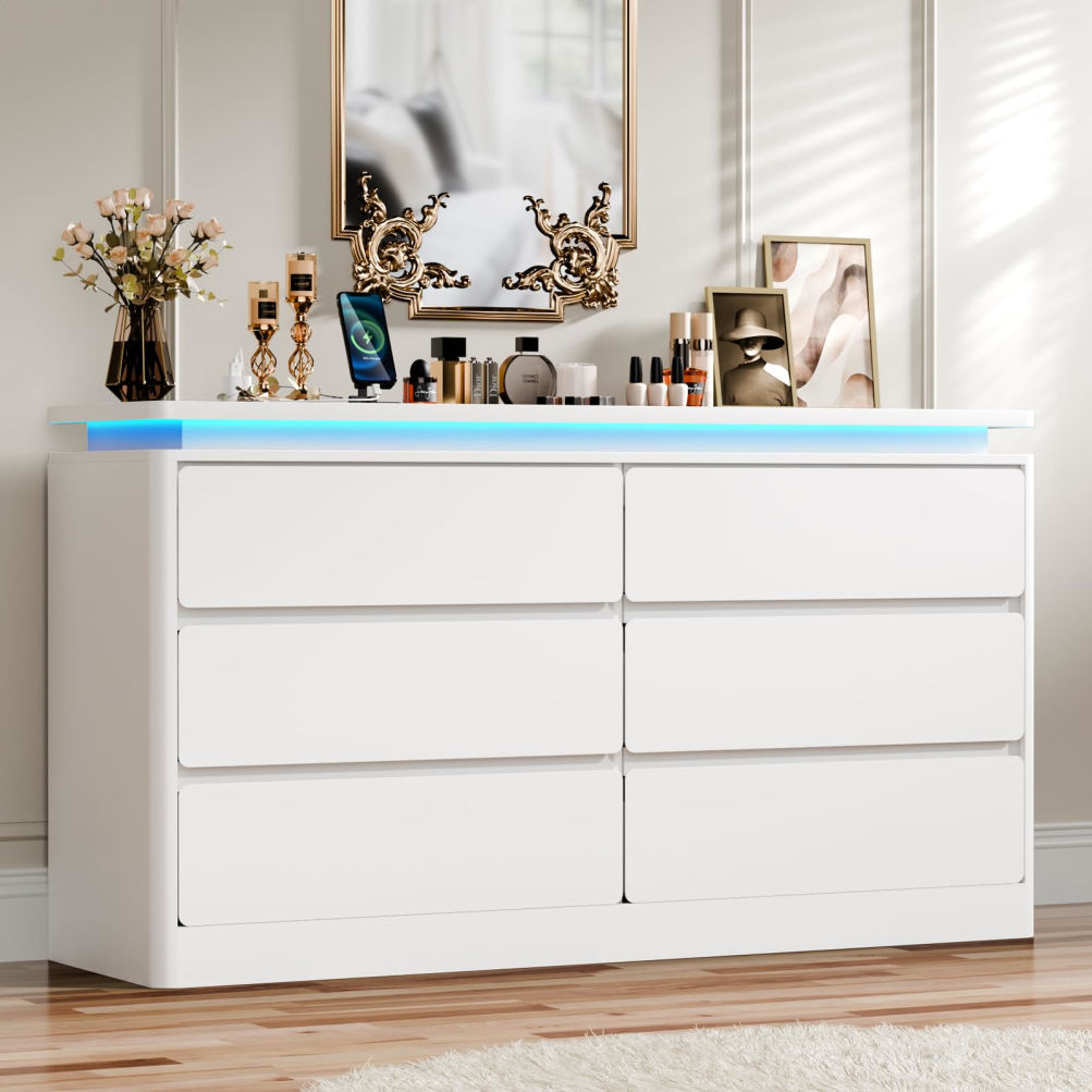 Curved Contour Design 6-Drawer Black Nightstand, 47.2" Long Drawers, with Charging Station and LED Lights