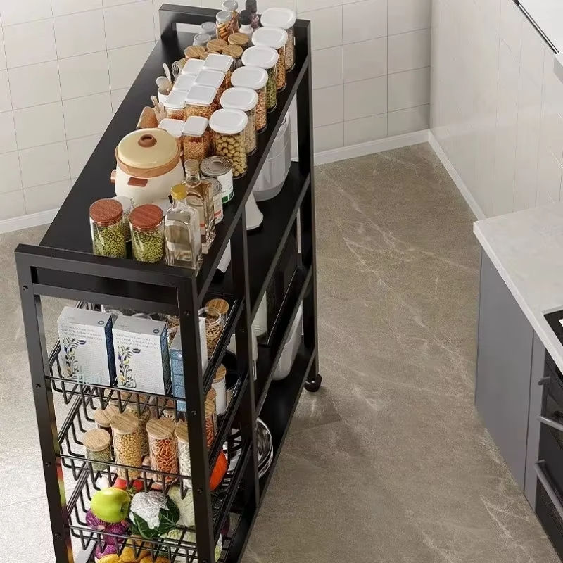 Household Floor Standing 4-Layer 3 Basket Dining Sideboard Cabinet Storage Rack Door to Door Durable Black Metal Storage Rack
