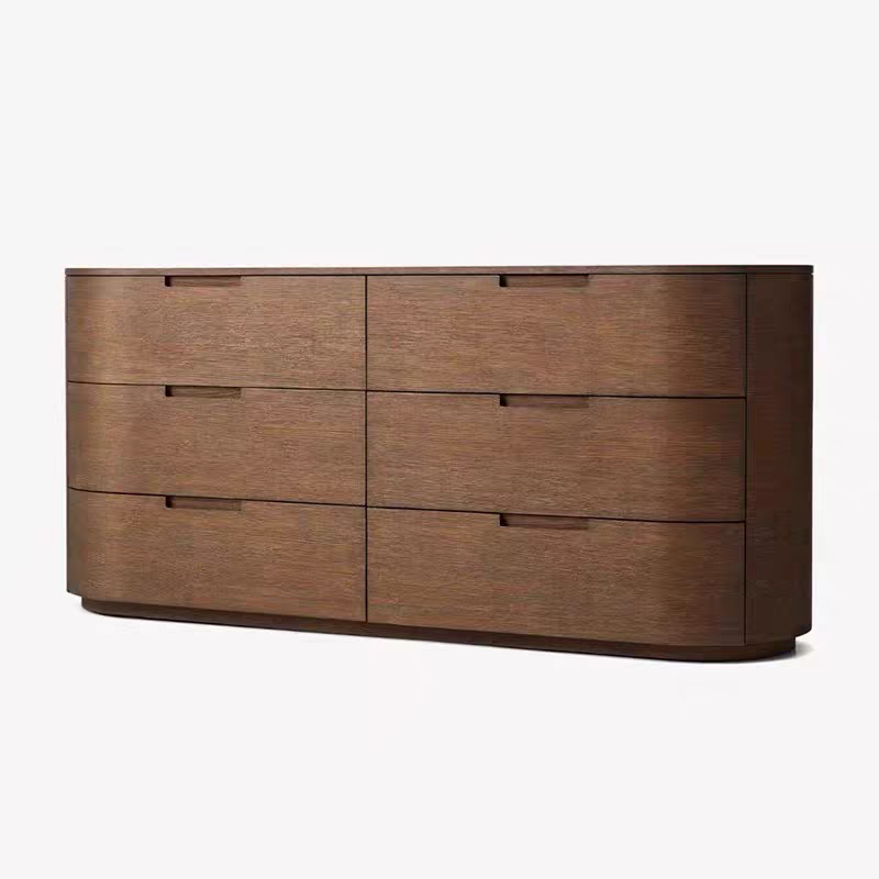 Modern Luxury Curved Walnut Dresser 6-Drawer Chest of Drawers with Recessed Handles for Master Bedroom Villa Project