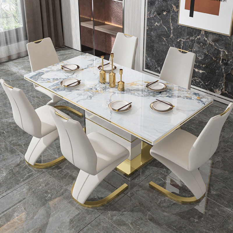White Luxury Marble Dining Table Set 6 Chairs Sintered Stone Top With Gold Stainless Steel Base For Dining Room Furniture