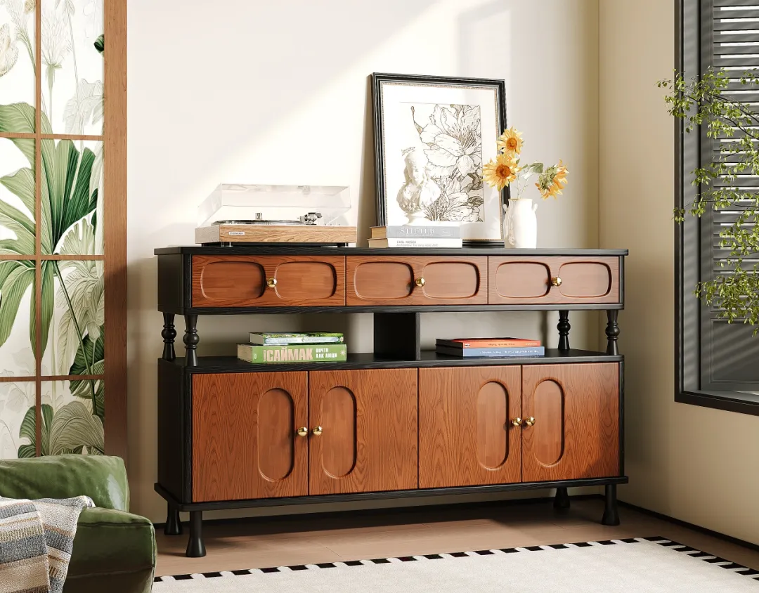 Mid Century Solid Wood Sideboard Buffet Cabinet Retro Kitchen Storage Cabinet with Drawers and Doors for Dining Room Living Room