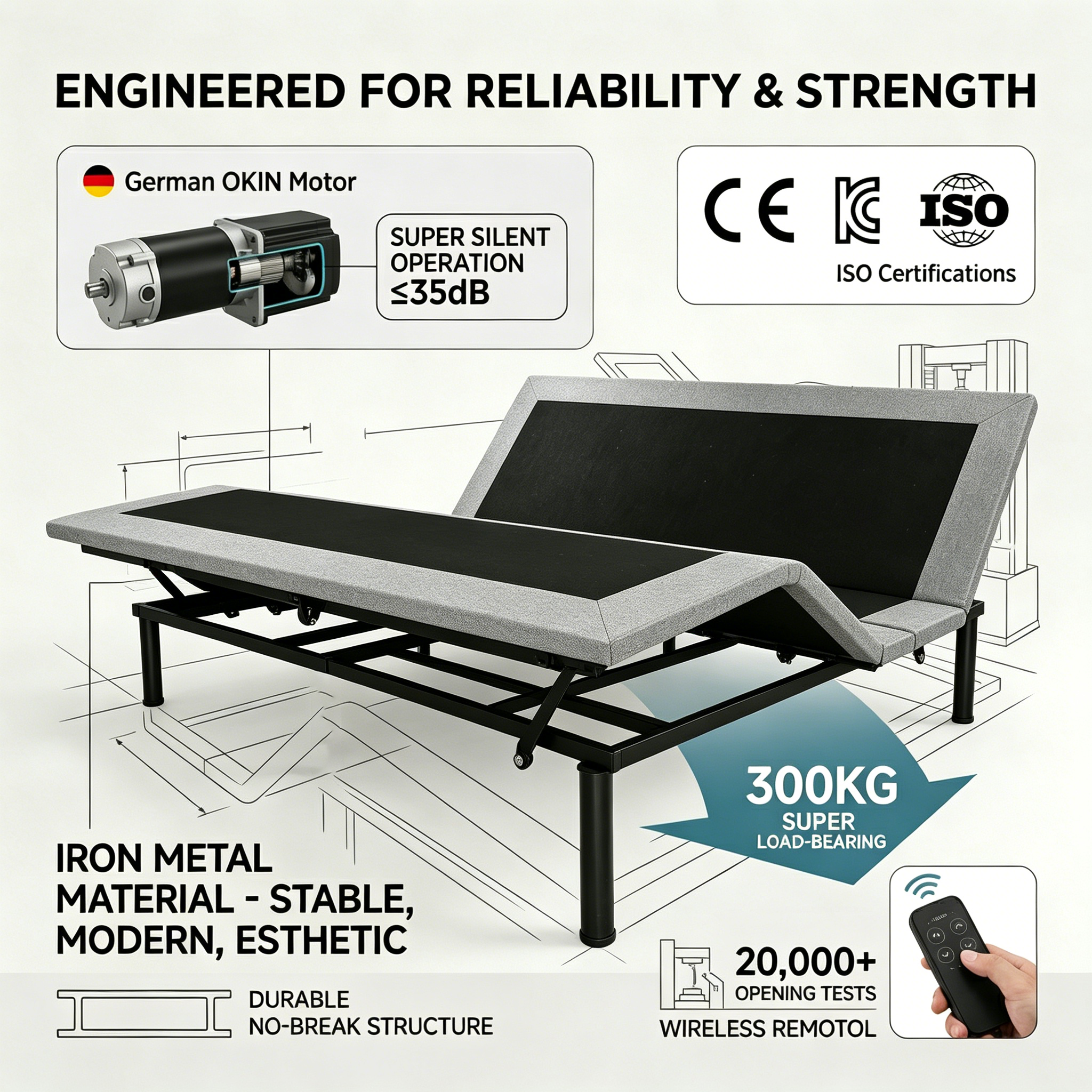 Factory Wholesale Foldable Iron Electric Bed Frame Multi-Angle Support &amp; Adjustable for Indoor Multiple Scenarios, CE/ISO