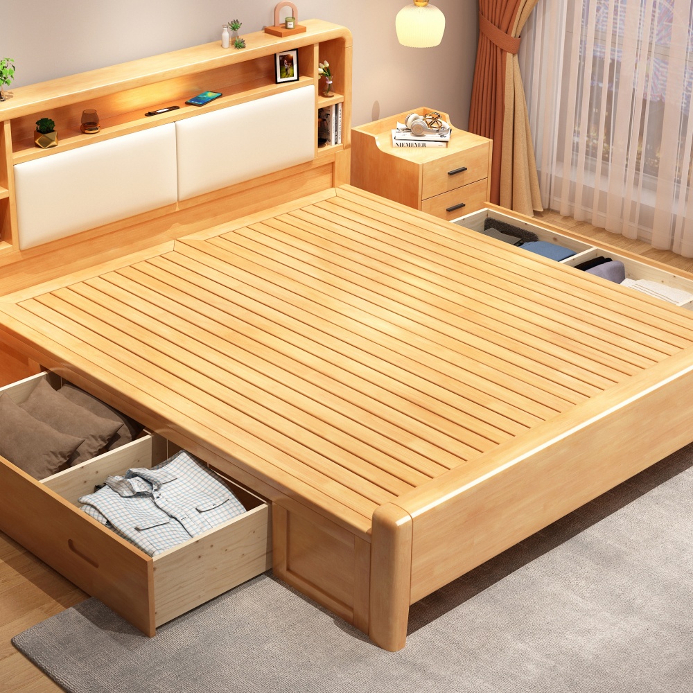 Simple Nordic Style Solid Rubber Wood Eco-Friendly Durable Space Saving Bedroom Furniture Modern Design Full Size Bed Frame