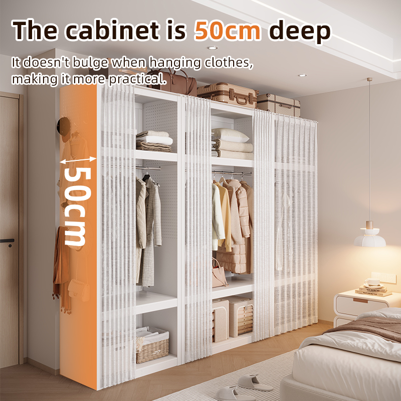 Bohemian Style Open Wardrobe with Mesh Curtain &amp; Hooked Pegboard for Teen Bedroom Clothing Storage Compact Open Closet