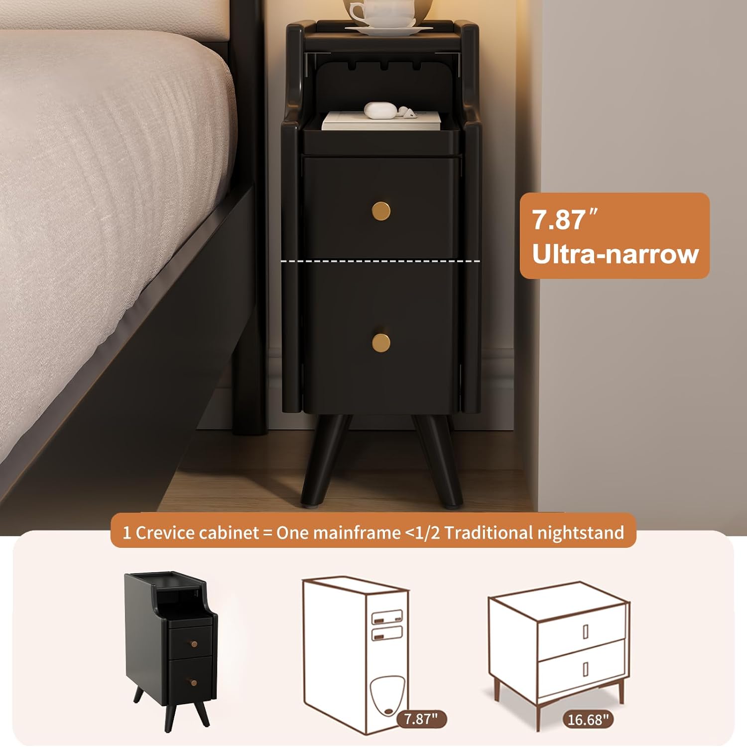 Small Nightstand with Drawers, Solid Wood Bedside Table, Narrow Walnut Nightstand for Bedroom