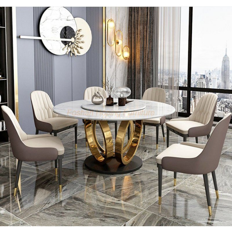 Round Dining Table Living Room Furniture Outdoor Table Marble Top 1+6 Set White Round Stainless Steel Dining Table Set with Leather Chair for Wedding Banquet