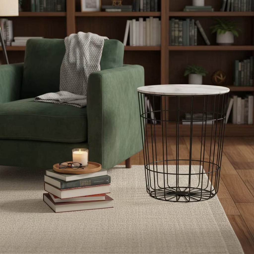 Hot Selling Promotional Elegant Design Metal MDF Round Side Tables Coffee Table for Living Room Furniture Storage Basket