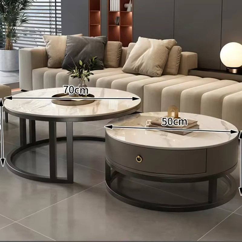 High-end Modern Round Stone Top Stainless Steel Coffee Table with Storage and Extendable Feature for Living Room Furniture
