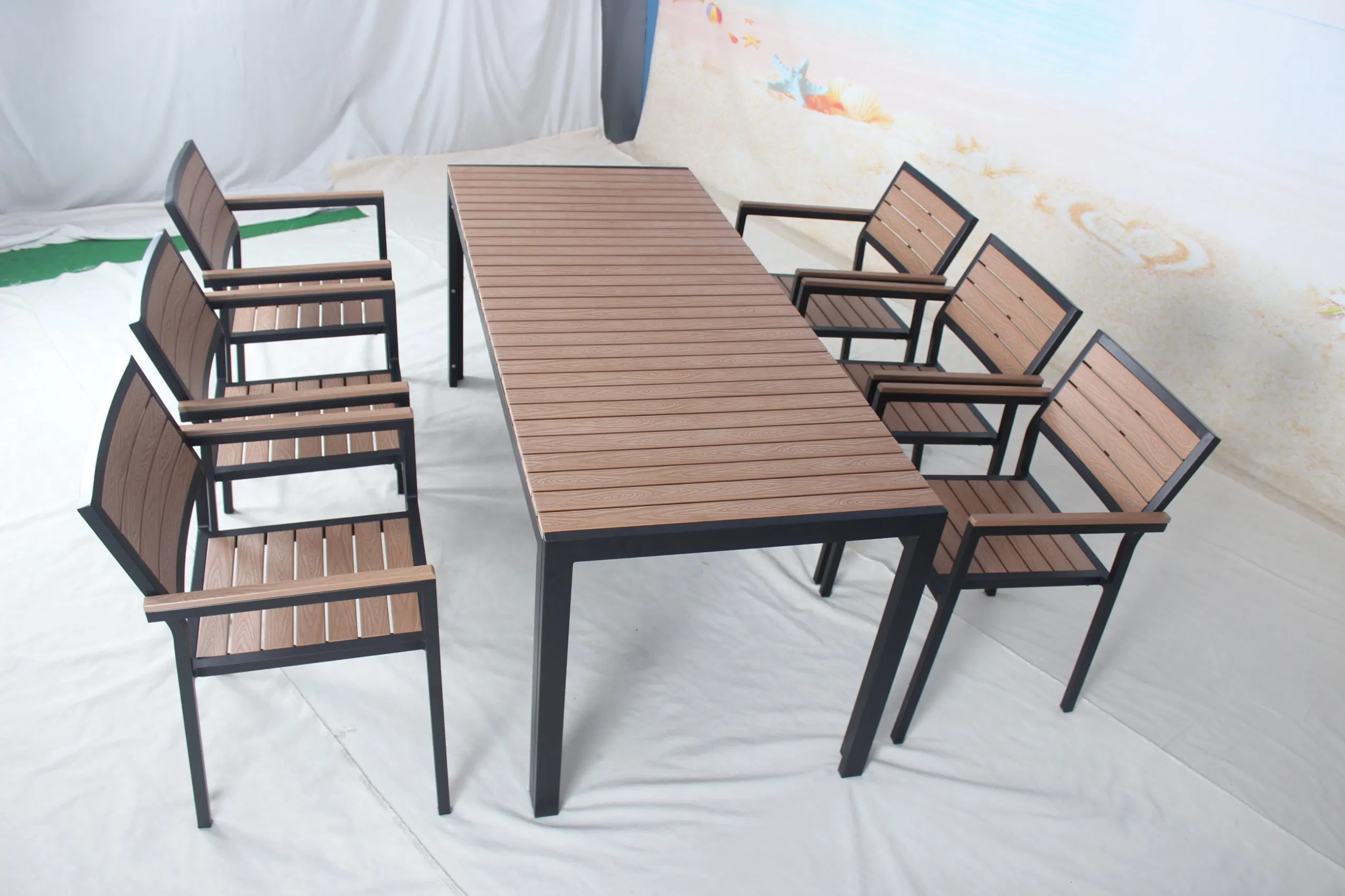 Outdoor Restaurant 7 Pieces Plastic Wood Table Chairs Garden Furniture Dining Set