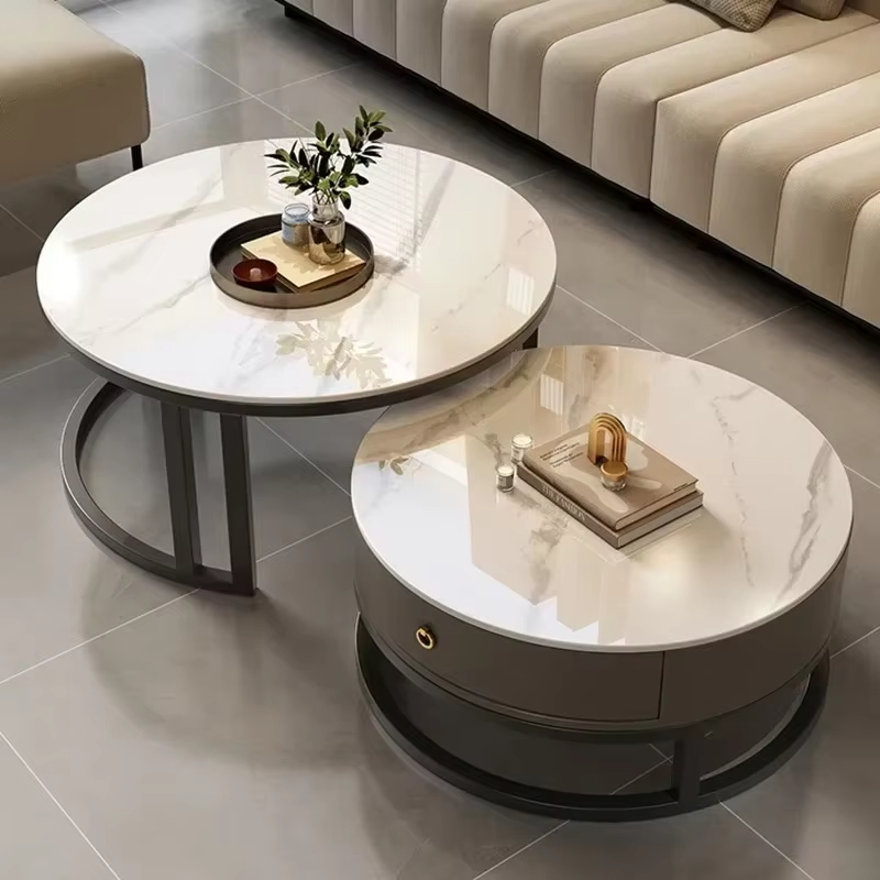 High-end Modern Round Stone Top Stainless Steel Coffee Table with Storage and Extendable Feature for Living Room Furniture